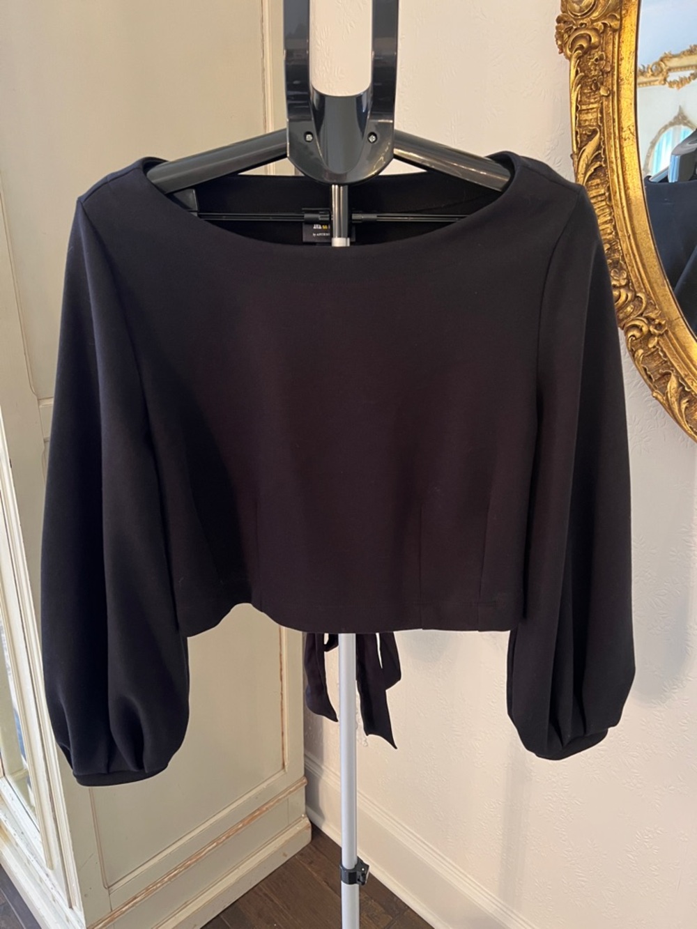 MAEVE Anthropologie Black Cropped Boatneck Corset Sweatshirt Balloon Sleeves